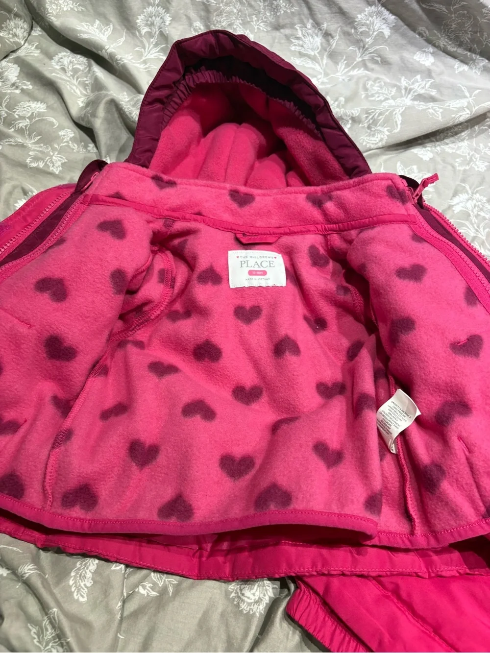 Children’s Place pink hearts 3 in 1 winter coat and matching snow bibs 12-18